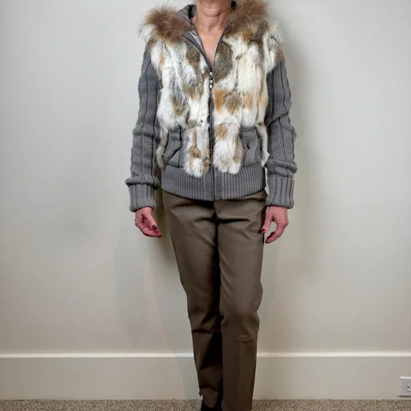 Rabbit Fur and Cable Knit Cardigan Jacket with Hood - Picture 7 of 15